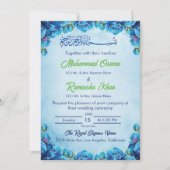 Invitation Élégant bleu et vert Floral Mariage islamique (Devant)