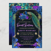 Invitation Élégant bleu et violet rose pochoir à fleurs doux (Devant / Derrière)