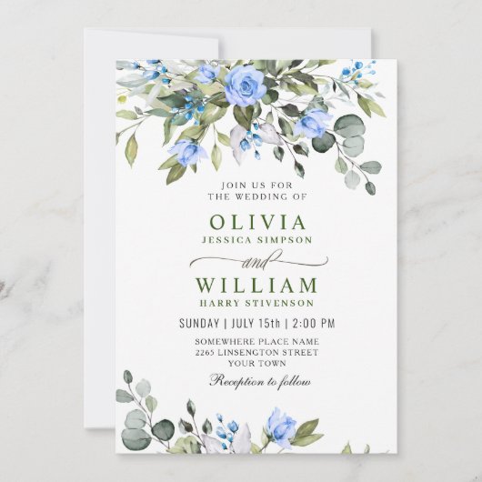 Invitation Elégant bleu Eucalyptus Rose Mariage vert (Devant)