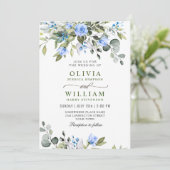 Invitation Elégant bleu Eucalyptus Rose Mariage vert (Debout devant)