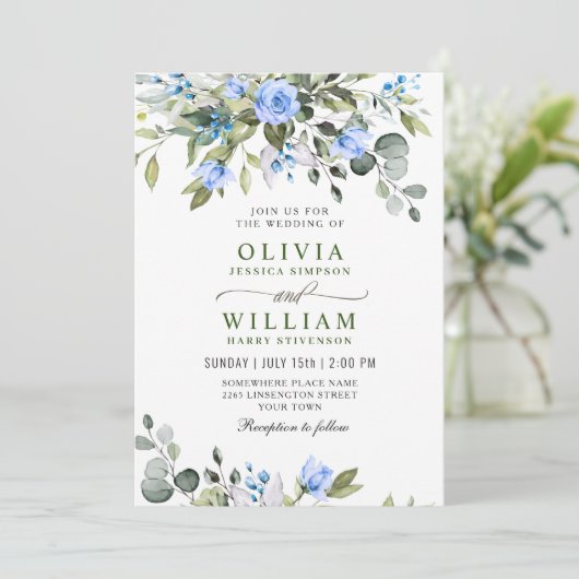 Invitation Elégant bleu Eucalyptus Rose Mariage vert (Debout devant)