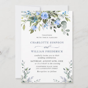 Invitation Elégant bleu Eucalyptus Rose Mariage vert