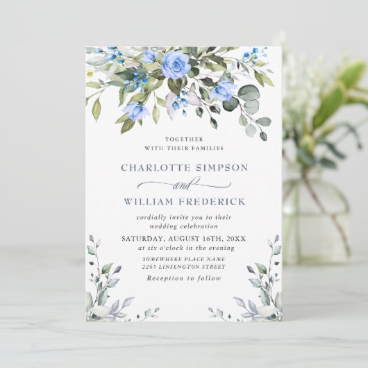 Invitation Elégant bleu Eucalyptus Rose Mariage vert (Debout devant)