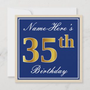 Invitation Elégant, Bleu, Faux Gold 35e anniversaire + Nom