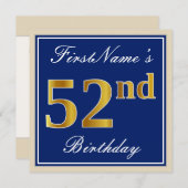 Invitation Elégant, Bleu, Faux Gold 52e anniversaire + Nom (Devant / Derrière)