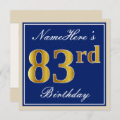 Invitation Elégant, Bleu, Faux Gold 83e anniversaire + Nom (Devant / Derrière)
