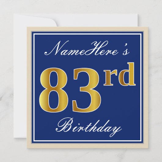 Invitation Elégant, Bleu, Faux Gold 83e anniversaire + Nom (Devant)
