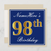 Invitation Elégant, Bleu, Faux Gold 98e anniversaire + Nom (Devant / Derrière)