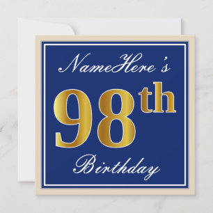Invitation Elégant, Bleu, Faux Gold 98e anniversaire + Nom