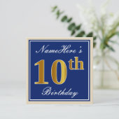 Invitation Elégant, Bleu, Faux Or 10ème Anniversaire + Nom (Debout devant)