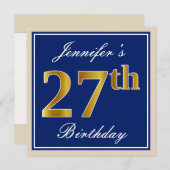 Invitation Elégant, Bleu, Faux Or 27ème Anniversaire + Nom (Devant / Derrière)