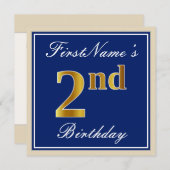 Invitation Elégant, Bleu, Faux Or 2e anniversaire; Nom person (Devant / Derrière)