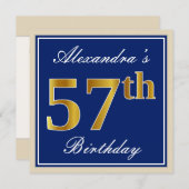 Invitation Elégant, Bleu, Faux Or 57ème Anniversaire + Nom (Devant / Derrière)