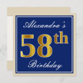 Invitation Elégant, Bleu, Faux Or 58ème Anniversaire + Nom (Devant / Derrière)