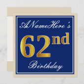 Invitation Elégant, Bleu, Faux Or 62ème Anniversaire + Nom (Devant / Derrière)