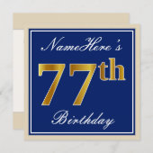 Invitation Elégant, Bleu, Faux Or 77ème Anniversaire + Nom (Devant / Derrière)
