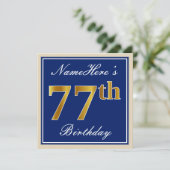 Invitation Elégant, Bleu, Faux Or 77ème Anniversaire + Nom (Debout devant)