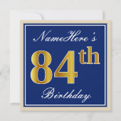 Invitation Elégant, Bleu, Faux Or 84ème Anniversaire + Nom (Devant)