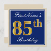 Invitation Elégant, Bleu, Faux Or 85ème Anniversaire + Nom (Devant / Derrière)