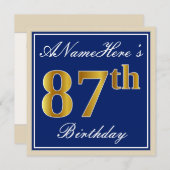 Invitation Elégant, Bleu, Faux Or 87ème Anniversaire + Nom (Devant / Derrière)
