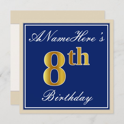 Invitation Elégant, Bleu, Faux Or 8e anniversaire; Nom person (Devant / Derrière)
