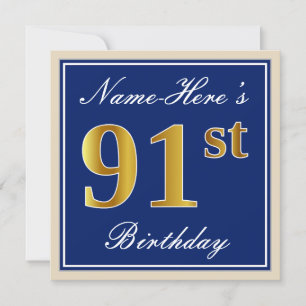Invitation Elégant, Bleu, Faux Or 91ème Anniversaire + Nom