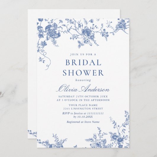 Invitation Elégant bleu FÊTE DES MARIÉES jardin français code (Devant / Derrière)