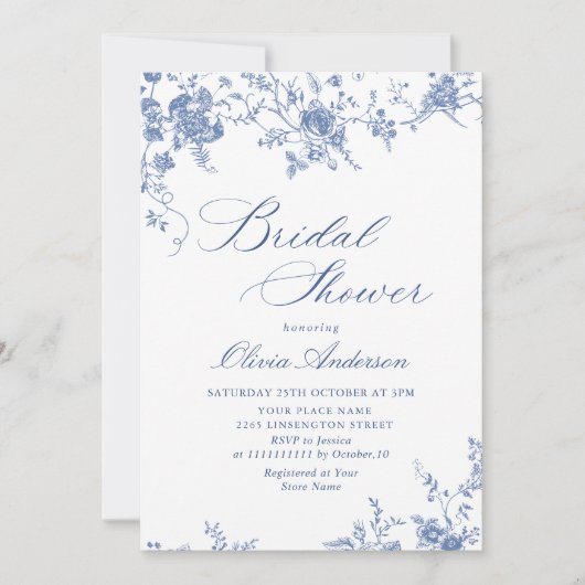 Invitation Elégant bleu FÊTE DES MARIÉES jardin français code (Devant)