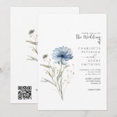 Invitation Élégant bleu Fleur moderne QR Code Mariage (Devant / Derrière)