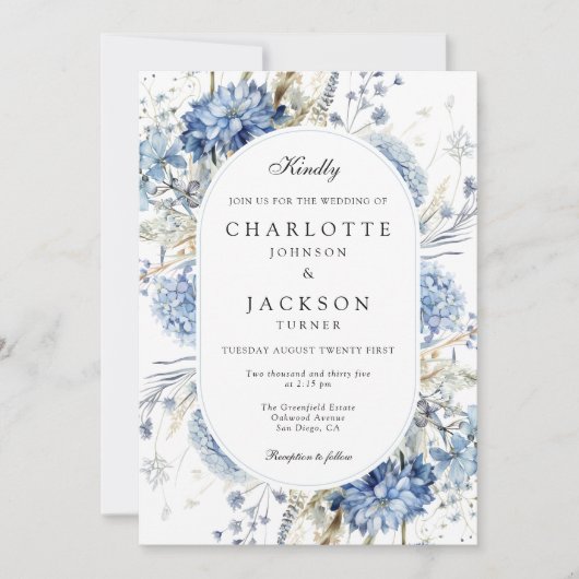 Invitation Elégant bleu Fleur sauvage aquarelle Mariage flora (Devant)