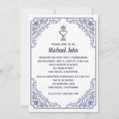 Invitation Élégant Bleu fleurit tourbillon First Communion (Devant)