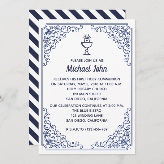Invitation Élégant Bleu fleurit tourbillon First Communion (Devant / Derrière)