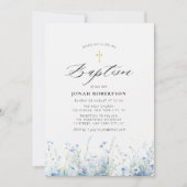 Invitation Elégant bleu fleurs baptême (Devant)