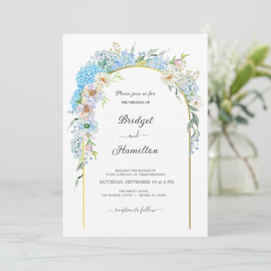 Invitation Elégant bleu Fleurs Hydrangea Mariage (Debout devant)
