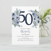 Invitation Elégant bleu floral 50e anniversaire (Debout devant)
