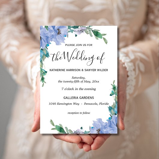 Invitation Elégant bleu Floral Aquarelle Boho Mariage