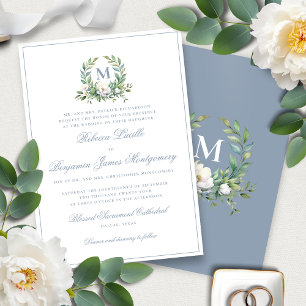 Invitation Élégant Bleu Floral Crest Monogramme Mariage