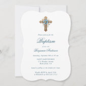 Invitation Élégant bleu Floral Cross Boy Baptism garçon (Devant)