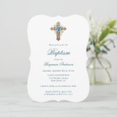 Invitation Élégant bleu Floral Cross Boy Baptism garçon (Debout devant)