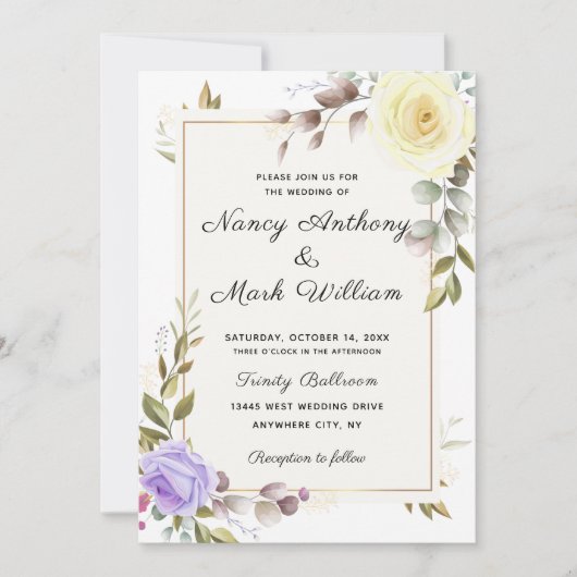 Invitation Elégant bleu floral doré mariage (Devant)