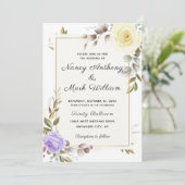 Invitation Elégant bleu floral doré mariage (Debout devant)