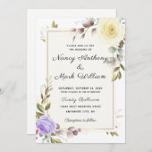 Invitation Elégant bleu floral doré mariage (Devant / Derrière)