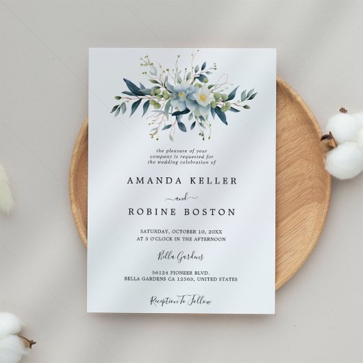 Invitation Élégant bleu floral et Mariage d'Eucalyptus