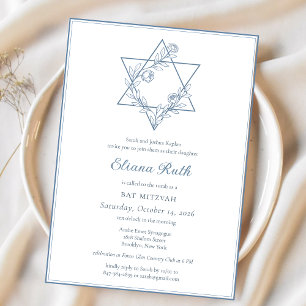 Invitation Elégant bleu floral juif Star Chic Bat mitzvah