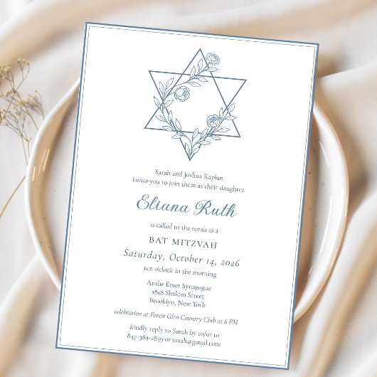 Invitation Elégant bleu floral juif Star Chic Bat mitzvah