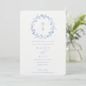 Invitation Élégant bleu Floral Laurel Wreath Monogramme Maria (Debout devant)