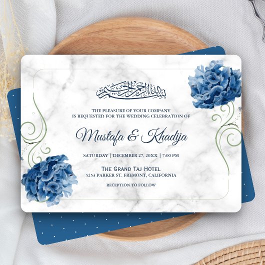 Invitation Elégant bleu floral marbre musulman Mariage musulm