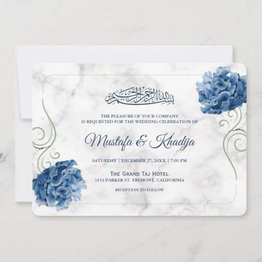 Invitation Elégant bleu floral marbre musulman Mariage musulm (Devant)