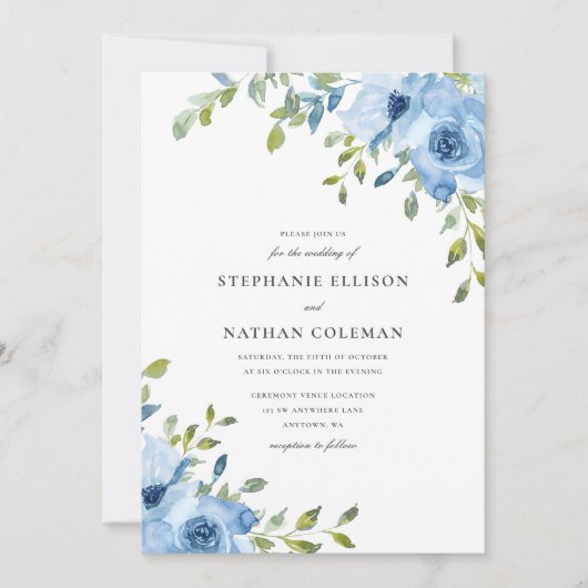 Invitation Elégant bleu Floral Mariage (Devant)
