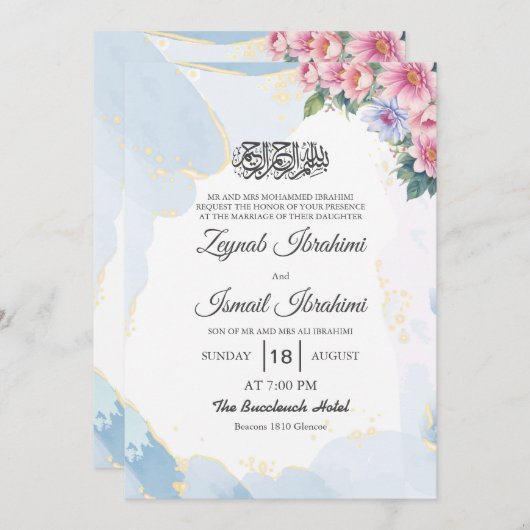 Invitation Élégant bleu floral Mariage musulman musulman isla (Devant / Derrière)